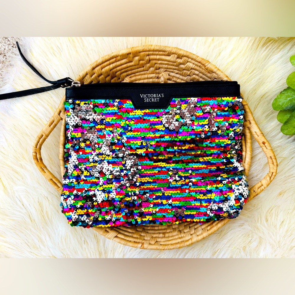 Victoria's Secret Rainbow Silver Reversible Sequin Makeup Bag Clutch Purse